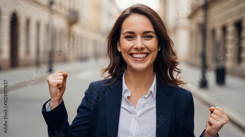 Smiling Young Businesswoman Celebrating Success with Raised Fists Outdoors in City Setting