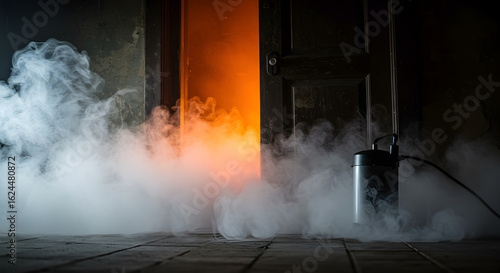 Eerie fog flows from doorway with illuminated warmth in a darkened ambiance creating mystery and