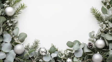 Elegant christmas garland border with silver ornaments and eucalyptus leaves