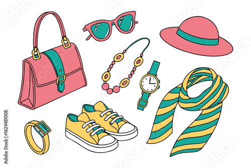 Accessories Collection: A vibrant assortment of fashion accessories including handbag, shoes, glasses, a necklace, a hat and watch and scarf, showcasing the elements of style and design.