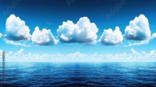 Serene Seascape with Clear Blue Sky and Fluffy White Clouds