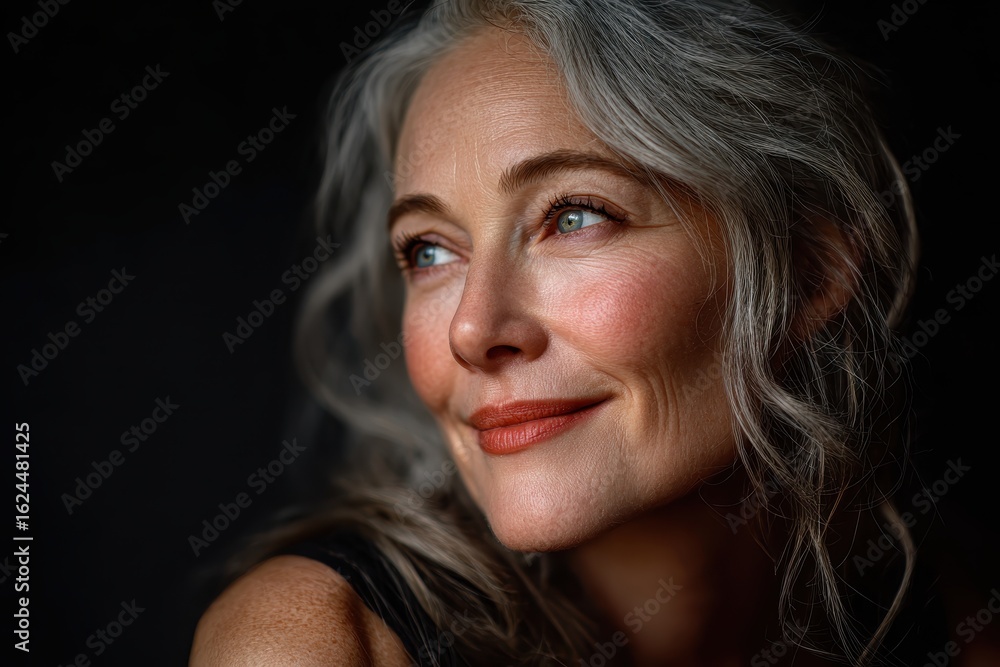 Naklejka premium Mature woman with gray hair smiling softly against dark backdrop. It illustrates wisdom, experience, and beauty, perfect for lifestyle ads.