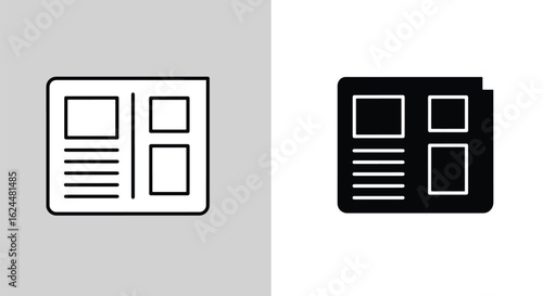 Simple line art and silhouette icons of an open newspaper, showing a two-page spread with text and images.