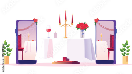Virtual romantic dinner setting with phones, roses, wine, and candles on a decorated table setup