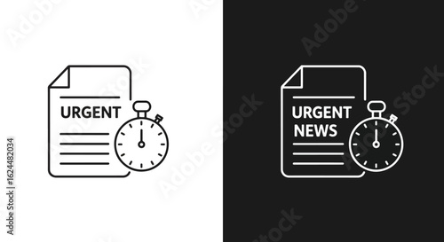 A set of line icons depicting an urgent document and a timer, representing time-sensitive tasks or breaking news.