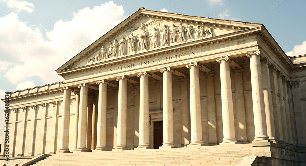 Majestic neoclassical building facade with grand columns and a triangular pediment showcasing classical architectural grandeur under a partly cloudy sky Majestic neoclassical building facade with grand columns and a triangular pediment showcasing classical architectural grandeur under a partly cloudy sky