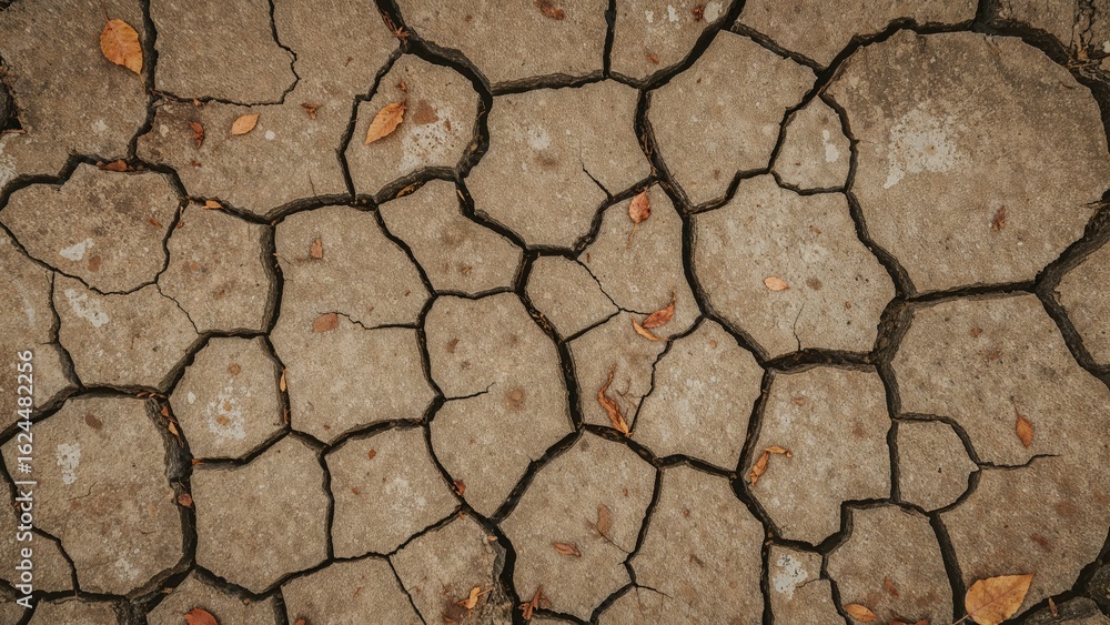 Obraz premium Dry, cracked terrain adorned with dust and fallen orange leaves forming a textured scene