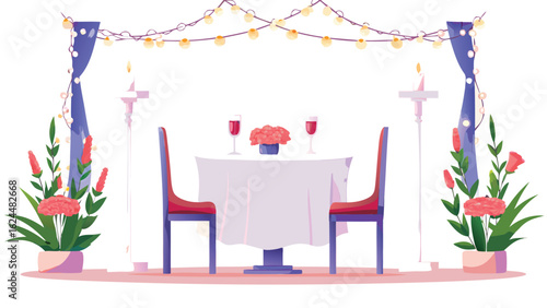 A romantic dinner setting with a table for two adorned with flowers and wine glasses under string lights