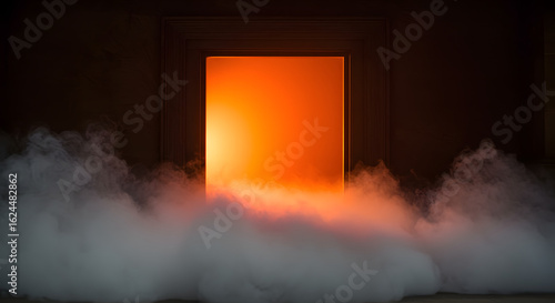 Ethereal portal of radiant light framed by darkness and surreal vapor trails