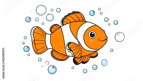 Cartoon illustration of an orange and white fish swimming amidst bubbles