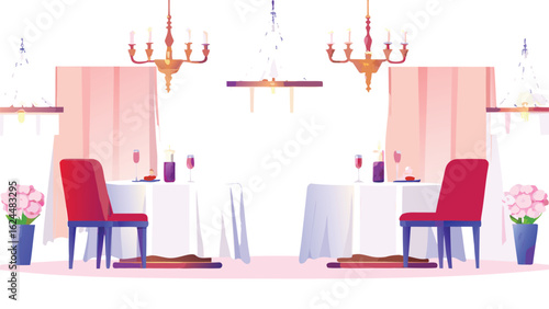 A restaurant scene featuring two tables set for dinner with chandeliers and pink curtains in the background