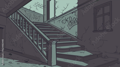 An abandoned building with a staircase, a dark and decaying interior, a vintage illustration of an empty and ruined house in the urban area