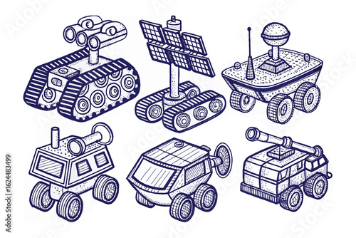 Future Space Exploration: Set of intricate illustrations depicting various state-of-the-art rovers, symbolizing the pioneering spirit of space exploration. 