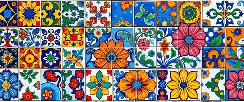 Vibrant hand-drawn azulejo tile patchwork, traditional Portuguese & Spanish ornate design , home decor, traditional art