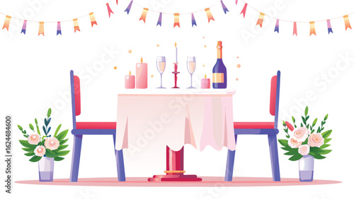 A romantic dinner setup with table, chairs, flowers, candles, champagne, and festive banner decoration