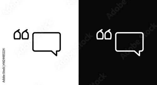 Minimalist line icons of a speech bubble with quotation marks, shown in black on white and white on black.