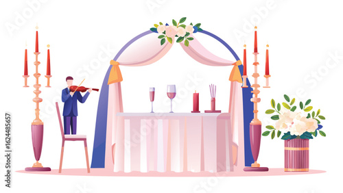 Illustration of a wedding setup with a violinist playing next to an arch decorated with flowers and candles