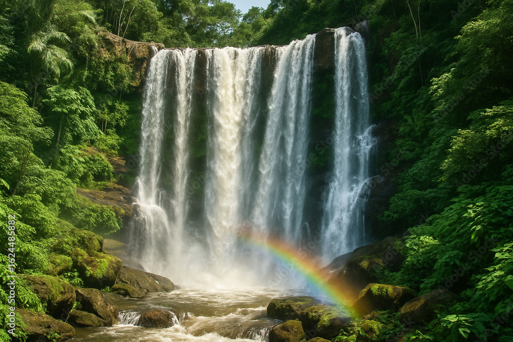 Obraz premium A powerful tropical waterfall cascades down a rocky cliff, with a vibrant rainbow appearing in the mist.