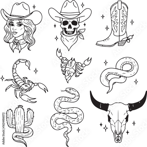 Western Tattoo Flash Sheet Featuring Cowboy Boot, Skull, Scorpion, Snake, Cactus, Woman in Cowboy Hat, and Bull Skull