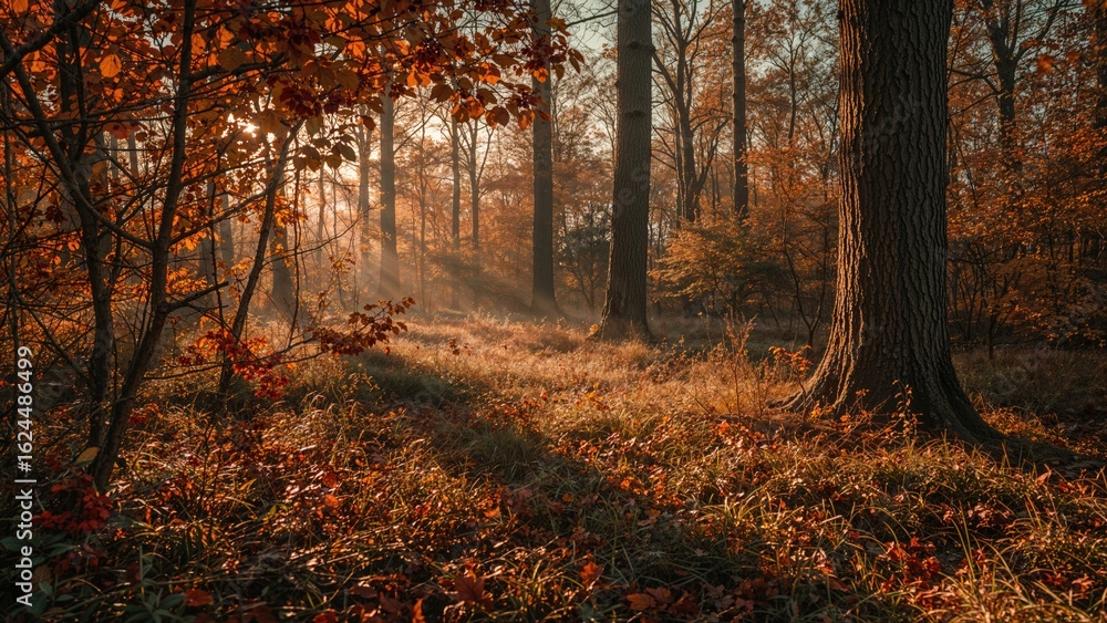Naklejka premium Woodland in autumn showcasing berries, mushrooms, and radiant details