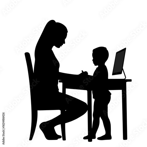Silhouette of mother and child at desk working, with tablet displaying an empty screen. Silhouette shows mom sitting, child standing, with screen, perfect to display business and creative images.