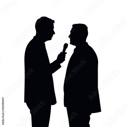 Silhouette of men during interview for media news report. Silhouette details reporter holding microphone, interviewing businessman in formal suit.