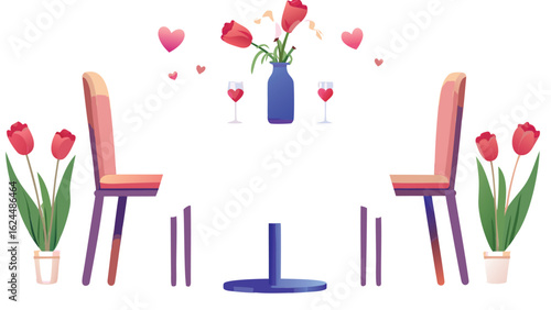 A romantic dinner setup with tulips in a vase, wine glasses, chairs and hearts on a white background