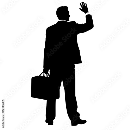Silhouette of businessman in dark suit, holding briefcase and raising hand for greeting. Silhouette portrait of manager in formalwear is well suited for silhouette design.