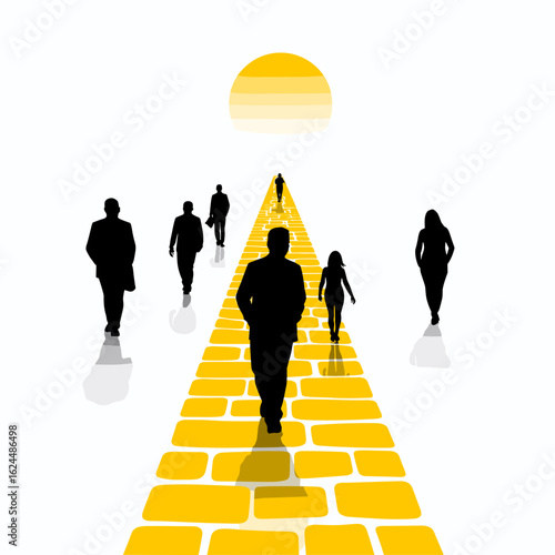 Group silhouette of people walking on path towards sun, bright future with clear direction. Silhouette of people walking shows team spirit, motivation
