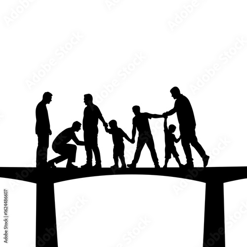Silhouette of family crossing bridge on white backdrop. Silhouette shows support, with adults assisting children over structure, illustrating family dynamic.