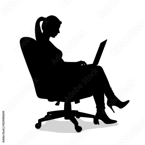 Silhouette of woman using laptop with chair. Silhouette shows modern woman working on laptop from the comfort of office chair, enjoying modern lifestyle. Conceptual silhouette for creative projects.