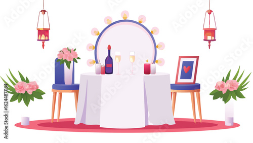 Illustration of a romantic dinner setting with a table, chairs, flowers, and decorative elements