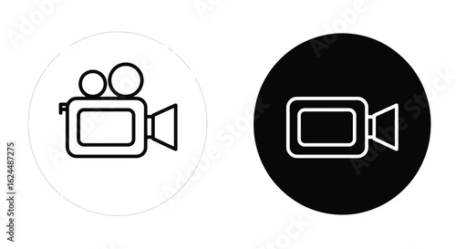 Two circular icons depicting a classic video camera in a minimalist line art style, one black on white and the other white on black.
