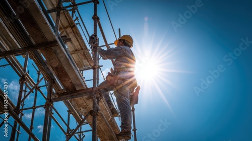 Worker climbs scaffolding against a bright blue sky and the sun. It can represent construction, hard work, or building something new.
