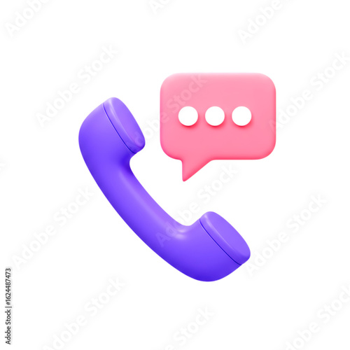 Purple telephone handset with pink speech bubble and dots isolated on a transparent background communication
