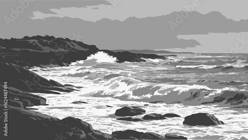 Monochrome illustration of a rocky coast with crashing waves, a beautiful seascape with a dramatic sky, perfect for travel and vacation