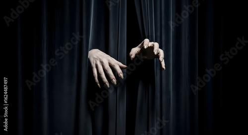 Eerie emergence, shadowy presence, hands from beyond, reaching out from the darkness, chilling