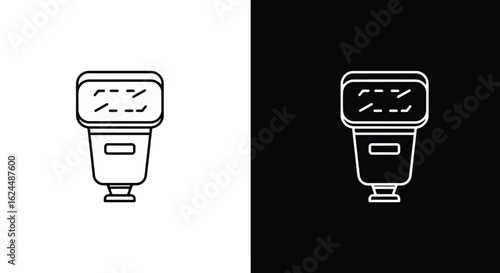 A graphic illustration of a camera flash icon, shown as a black outline on a white background and a white outline on a black background.