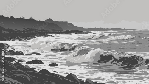 Monochromatic seascape view of rocky coast with waves crashing on the shore, showcasing the power and beauty of nature