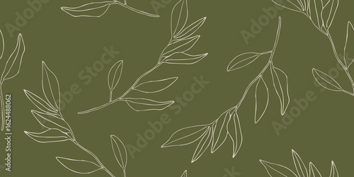 Olive Green Leafy Branches Illustration Seamless Pattern