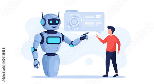 A robot interacts with a man, displaying data on a screen, suggesting a collaboration or technological assistance scenario.