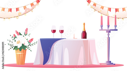 Illustration of a table set for a celebration with wine glasses, bottle, flowers, and candelabra decor