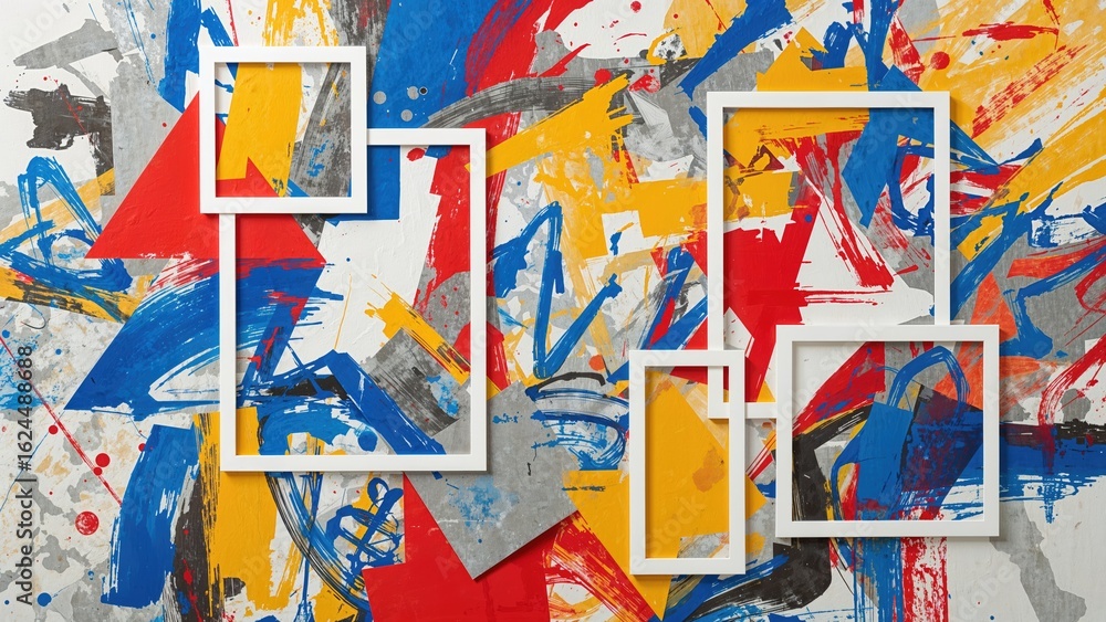 Obraz premium Mixed media art layout with vibrant geometric painted fragments and text placeholders