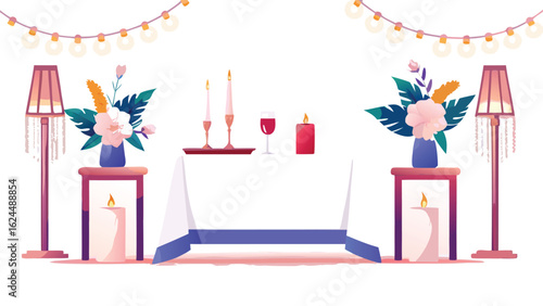 Illustration of a romantic dinner setup with candles flowers and string lights creating a cozy atmosphere