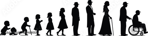 Silhouettes showing the human life cycle from infancy to old age, a progression of people's growth, aging, and development, a vector illustration.