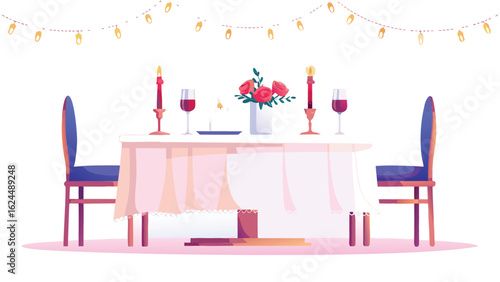 A romantic dinner setup with roses, candles, wine glasses, chairs and a string of lights above table