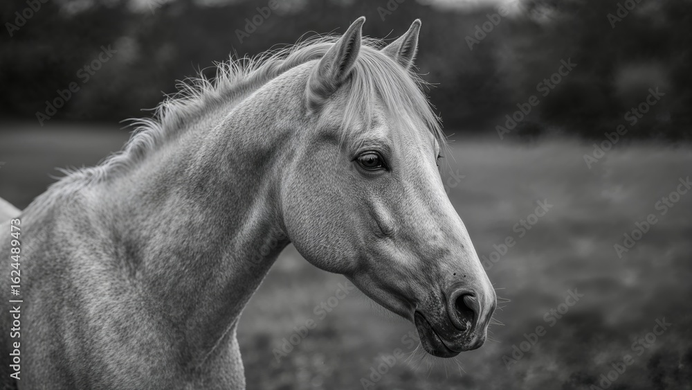 Obraz premium Detailed black and white portrait of a palomino horse focusing on head and upper body