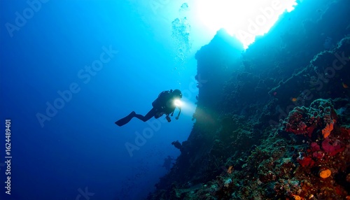 Wallpaper Mural Diver silhouetted against sunlit ocean wall, exploring vibrant coral reef Torontodigital.ca