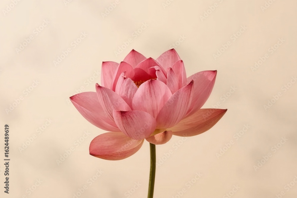 Fototapeta premium Pink lotus flower blooming, studio shot, beige background, serenity