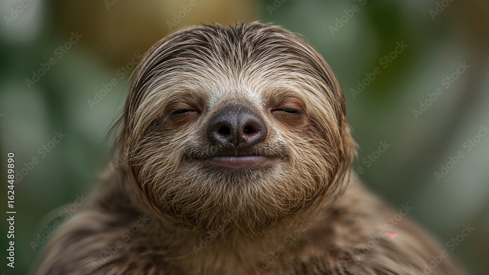 Fototapeta premium A close-up vertical portrait of a baby sloth smiling peacefully with closed eyes